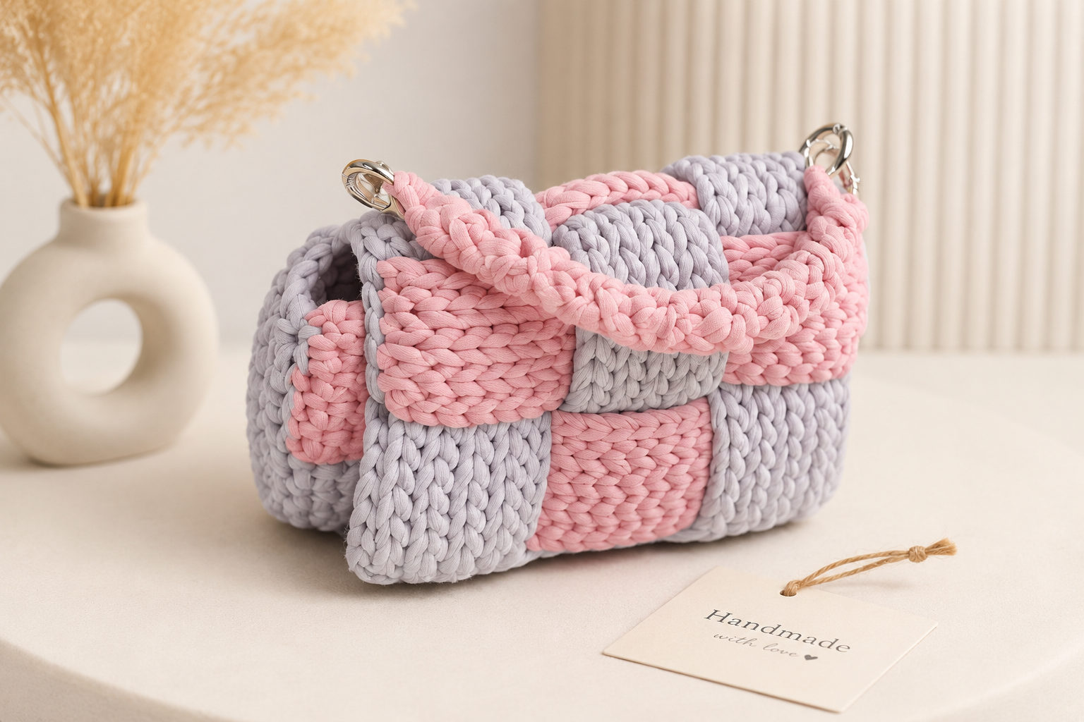 Handmade Crochet Mini Handbag | Pink & Grey Woven Design